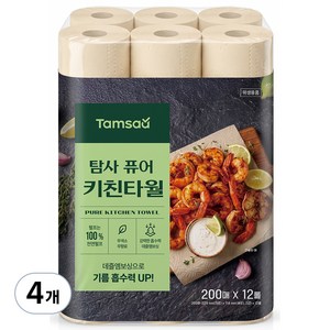 탐사 퓨어 무표백 키친타올 2겹 200매, 12롤, 4개